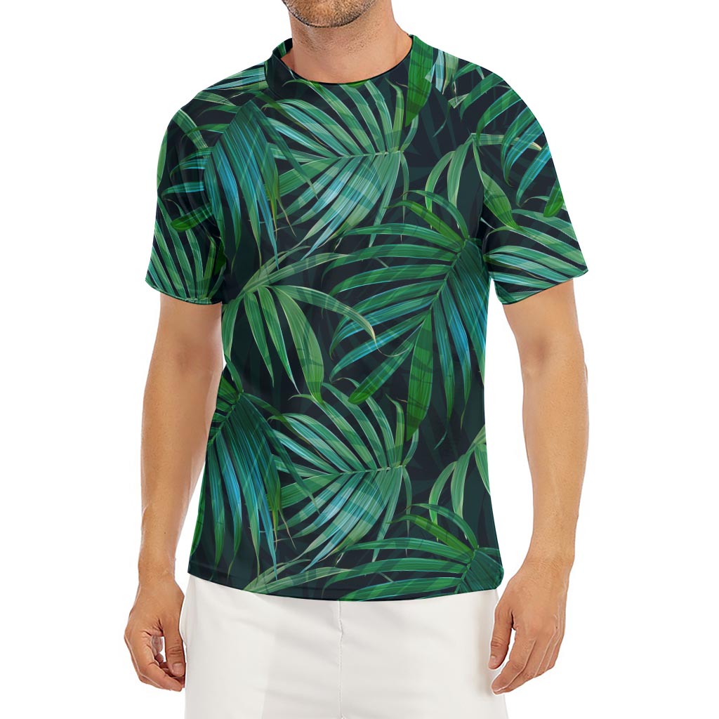 Dark Tropical Palm Leaves Pattern Print Men's Short Sleeve Rash Guard