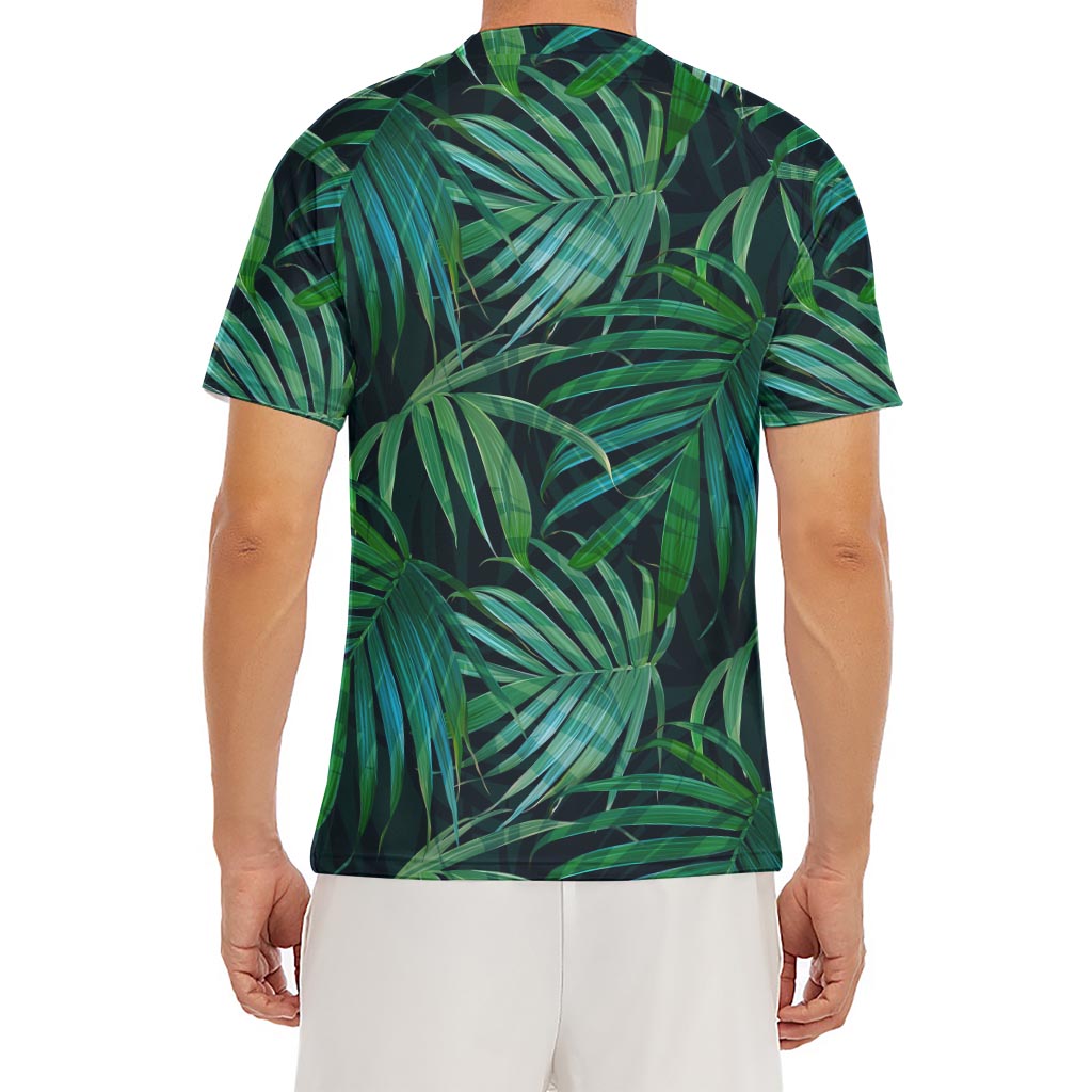 Dark Tropical Palm Leaves Pattern Print Men's Short Sleeve Rash Guard