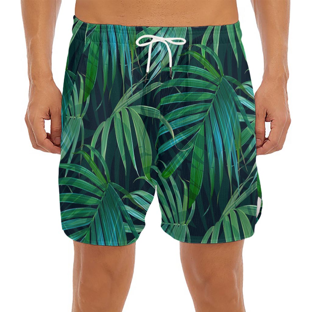 Dark Tropical Palm Leaves Pattern Print Men's Split Running Shorts