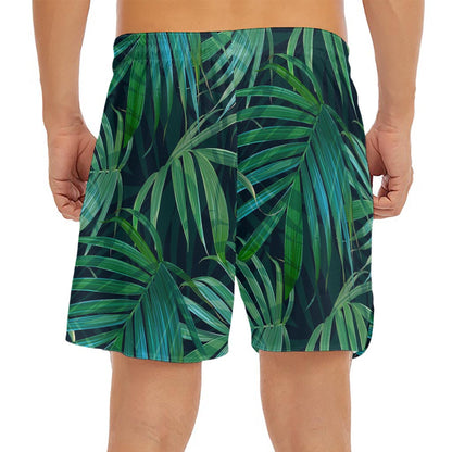 Dark Tropical Palm Leaves Pattern Print Men's Split Running Shorts
