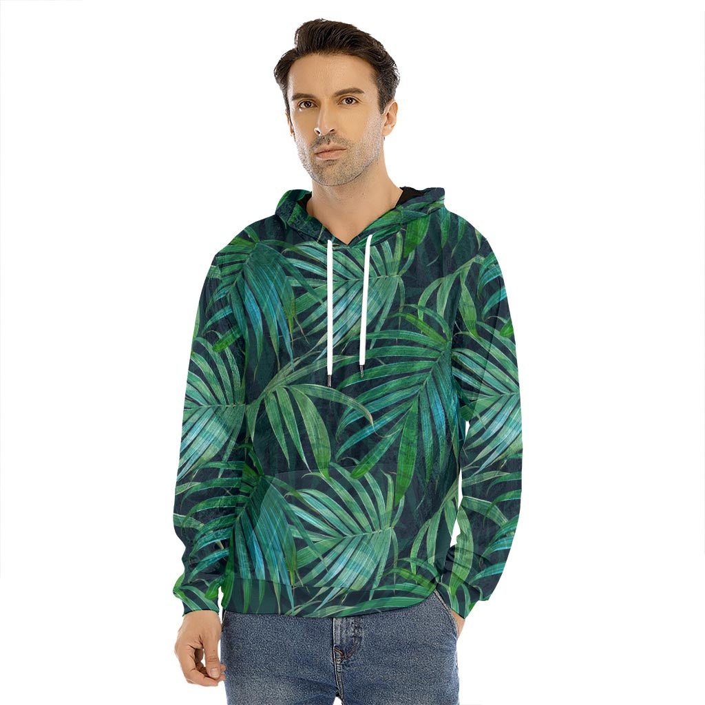 Dark Tropical Palm Leaves Pattern Print Men's Velvet Pullover Hoodie