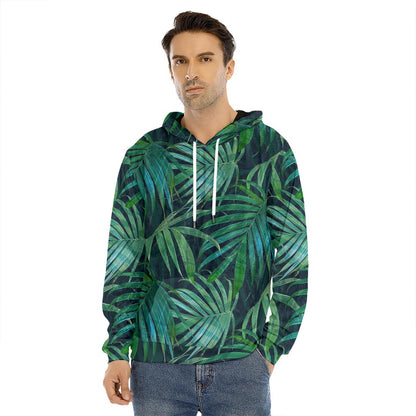 Dark Tropical Palm Leaves Pattern Print Men's Velvet Pullover Hoodie