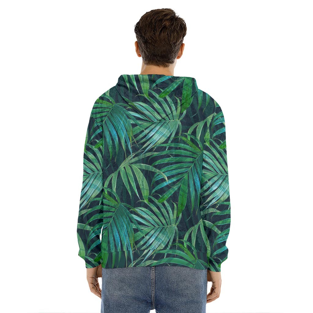 Dark Tropical Palm Leaves Pattern Print Men's Velvet Pullover Hoodie