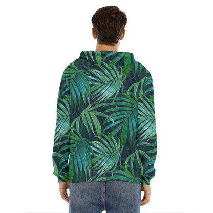 Dark Tropical Palm Leaves Pattern Print Men's Velvet Pullover Hoodie