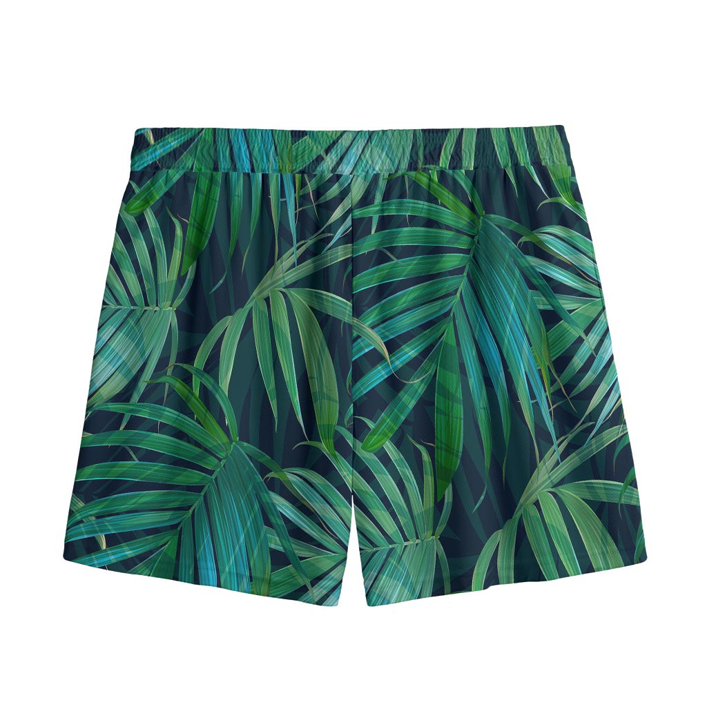 Dark Tropical Palm Leaves Pattern Print Mesh Shorts