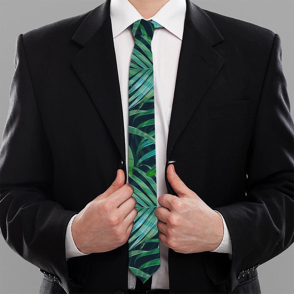 Dark Tropical Palm Leaves Pattern Print Necktie
