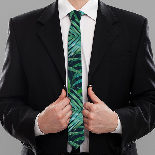 Dark Tropical Palm Leaves Pattern Print Necktie