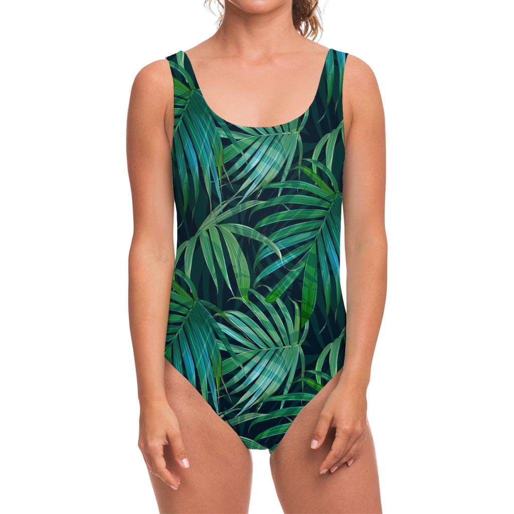 Dark Tropical Palm Leaves Pattern Print One Piece Swimsuit