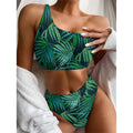Dark Tropical Palm Leaves Pattern Print One Shoulder Bikini Set