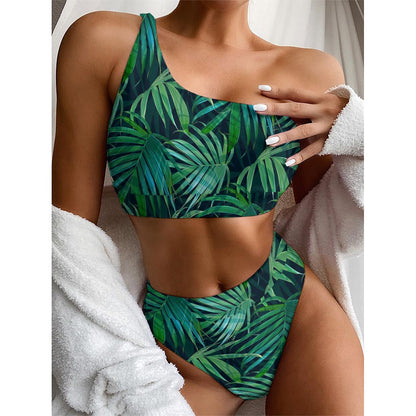 Dark Tropical Palm Leaves Pattern Print One Shoulder Bikini Top