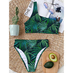 Dark Tropical Palm Leaves Pattern Print One Shoulder Bikini Top