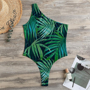 Dark Tropical Palm Leaves Pattern Print One Shoulder Bodysuit