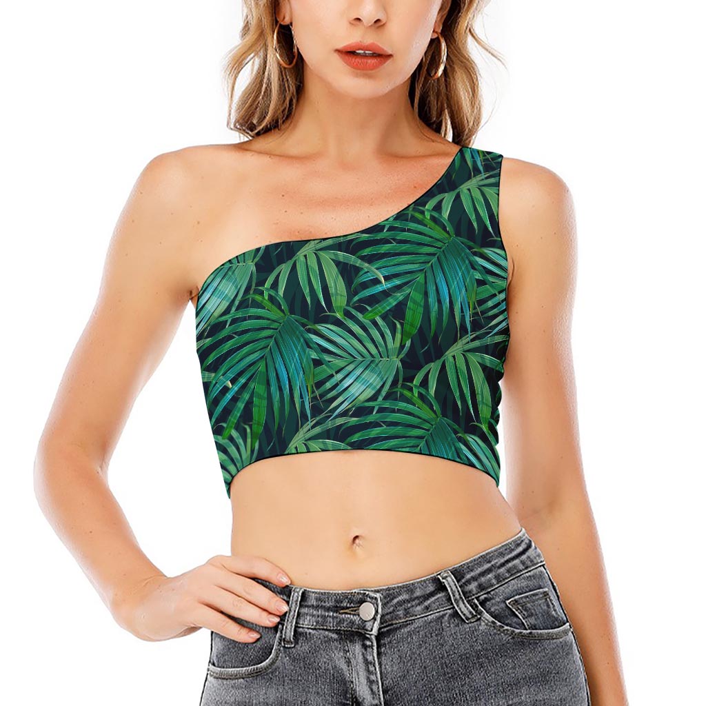 Dark Tropical Palm Leaves Pattern Print One Shoulder Crop Top