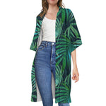 Dark Tropical Palm Leaves Pattern Print Open Front Beach Cover Up