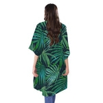 Dark Tropical Palm Leaves Pattern Print Open Front Beach Cover Up