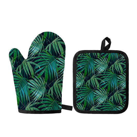 Dark Tropical Palm Leaves Pattern Print Oven Mitt And Pot Holder Set