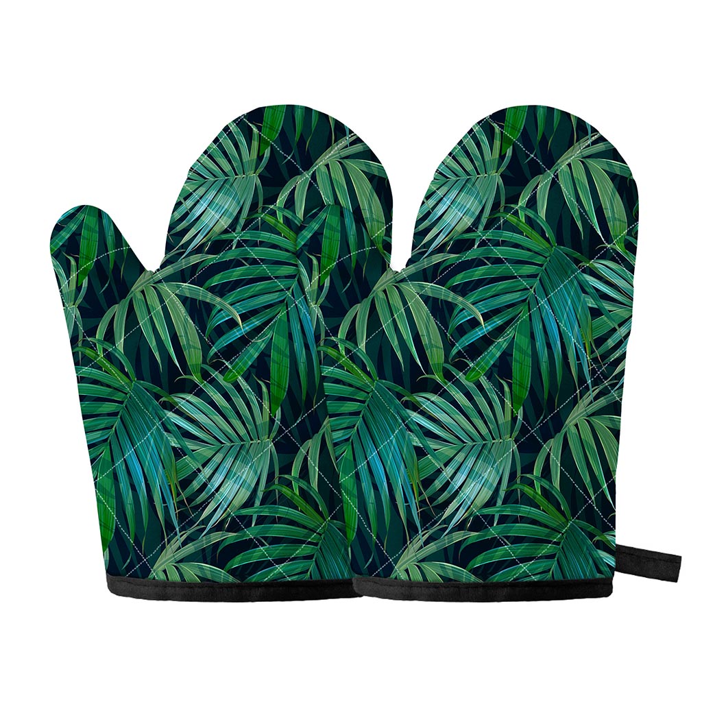 Dark Tropical Palm Leaves Pattern Print Oven Mitts