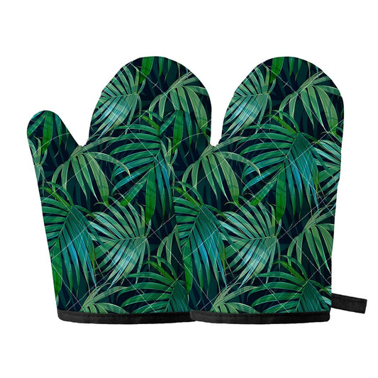 Dark Tropical Palm Leaves Pattern Print Oven Mitts