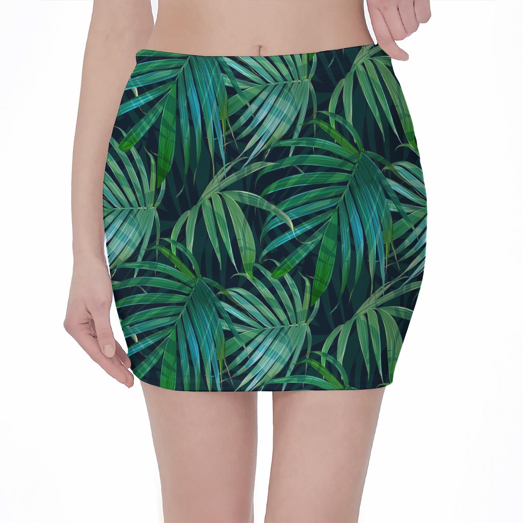Dark Tropical Palm Leaves Pattern Print Pencil Mini Skirt
