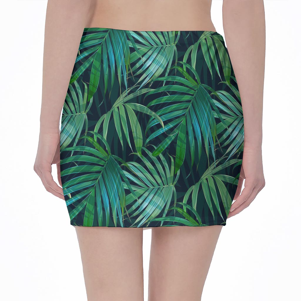 Dark Tropical Palm Leaves Pattern Print Pencil Mini Skirt