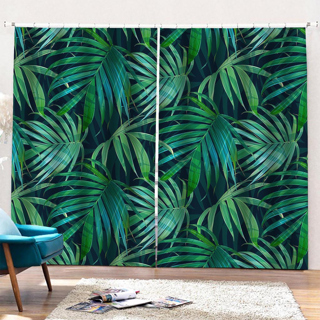 Dark Tropical Palm Leaves Pattern Print Pencil Pleat Curtains