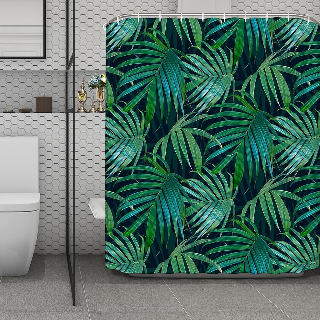 Dark Tropical Palm Leaves Pattern Print Polyester Shower Curtain