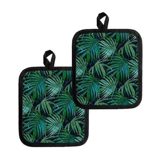 Dark Tropical Palm Leaves Pattern Print Pot Holders