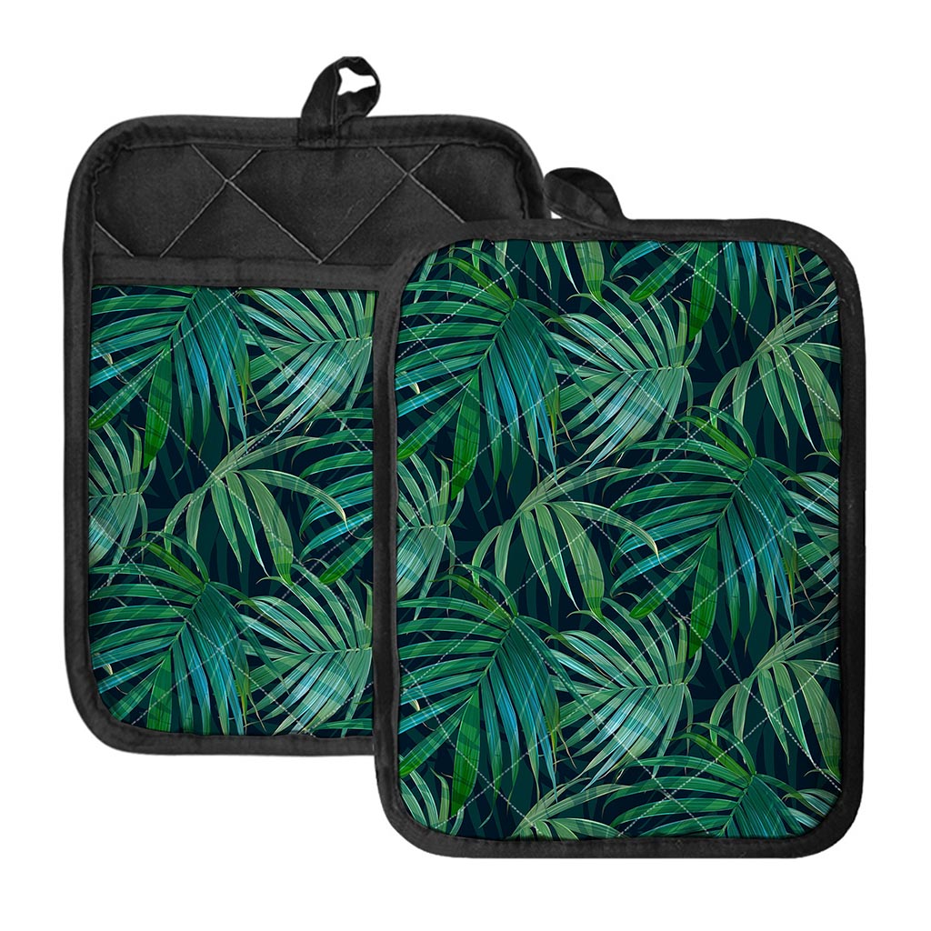 Dark Tropical Palm Leaves Pattern Print Pot Holders With Pocket