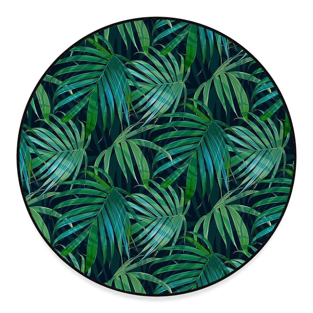 Dark Tropical Palm Leaves Pattern Print Round Floor Mat