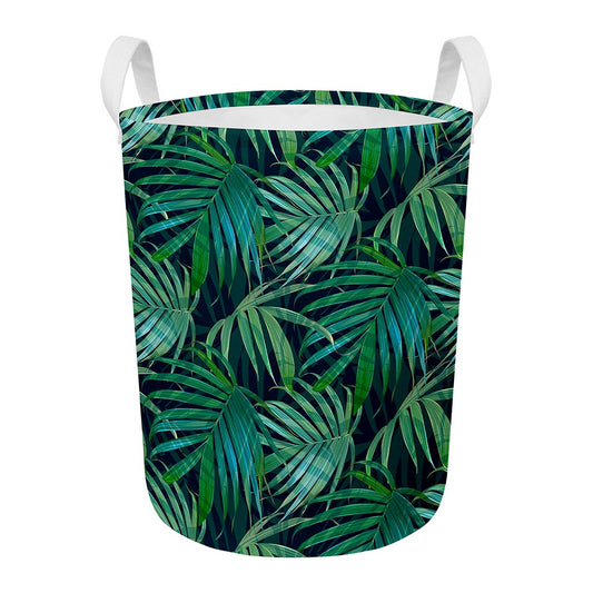 Dark Tropical Palm Leaves Pattern Print Round Laundry Basket