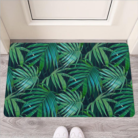 Dark Tropical Palm Leaves Pattern Print Rubber Doormat