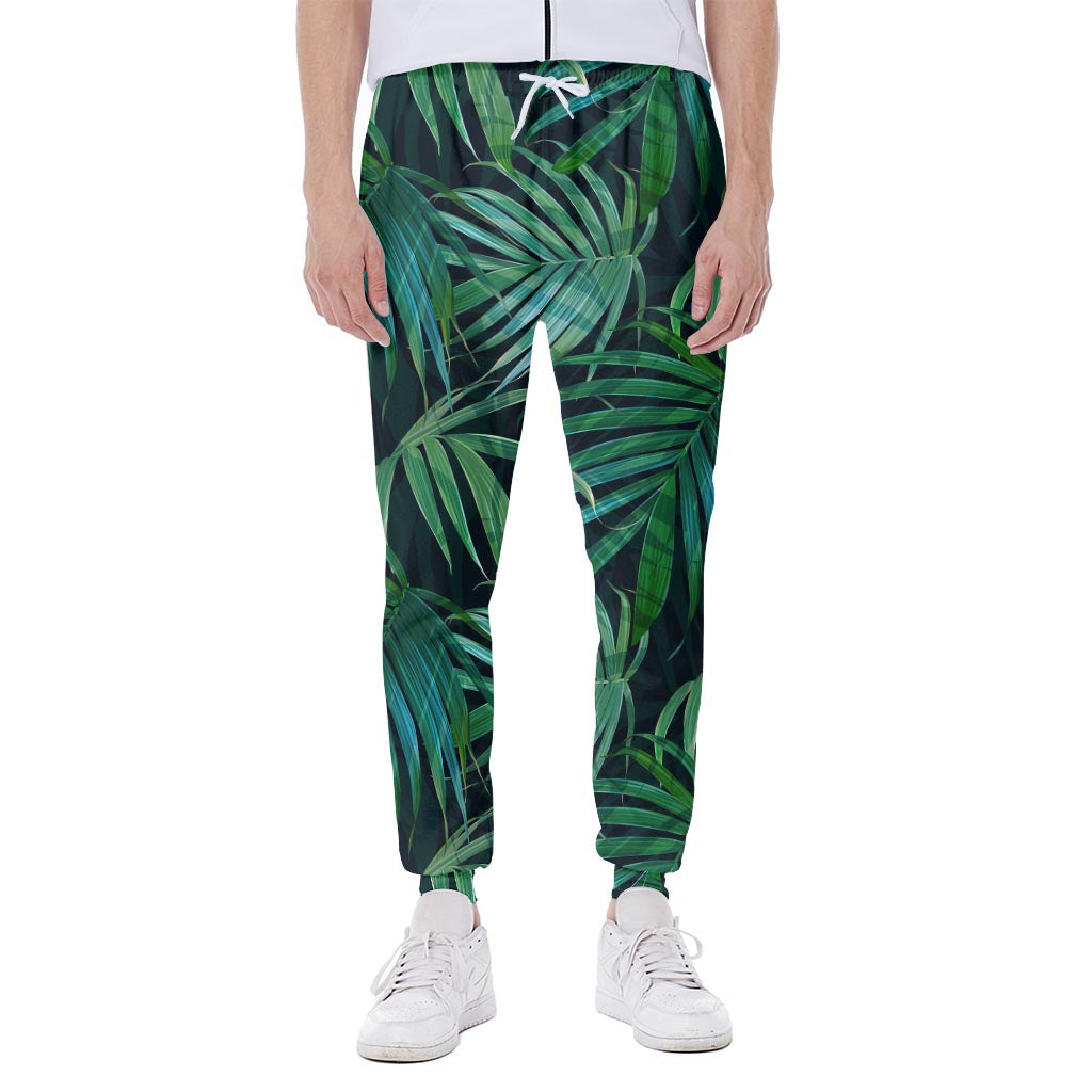 Dark Tropical Palm Leaves Pattern Print Scuba Joggers