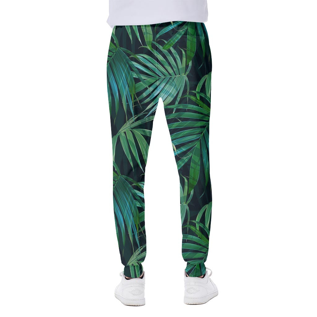 Dark Tropical Palm Leaves Pattern Print Scuba Joggers