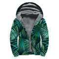Dark Tropical Palm Leaves Pattern Print Sherpa Lined Zip Up Hoodie