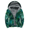 Dark Tropical Palm Leaves Pattern Print Sherpa Lined Zip Up Hoodie
