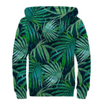 Dark Tropical Palm Leaves Pattern Print Sherpa Lined Zip Up Hoodie