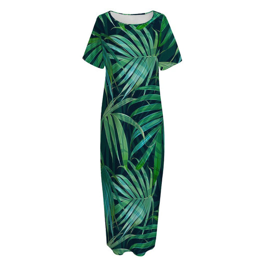 Dark Tropical Palm Leaves Pattern Print Short Sleeve Long Nightdress
