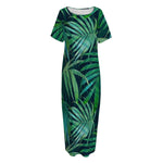 Dark Tropical Palm Leaves Pattern Print Short Sleeve Long Nightdress