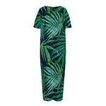 Dark Tropical Palm Leaves Pattern Print Short Sleeve Long Nightdress
