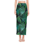 Dark Tropical Palm Leaves Pattern Print Side Slit Maxi Skirt