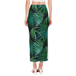 Dark Tropical Palm Leaves Pattern Print Side Slit Maxi Skirt
