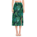 Dark Tropical Palm Leaves Pattern Print Side Slit Midi Skirt
