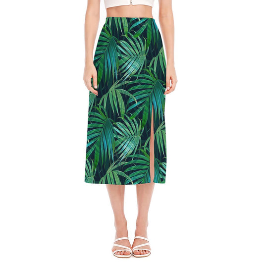 Dark Tropical Palm Leaves Pattern Print Side Slit Midi Skirt