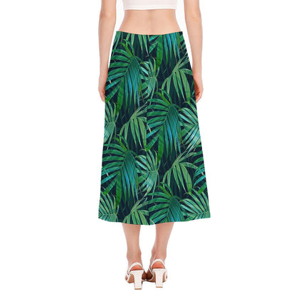 Dark Tropical Palm Leaves Pattern Print Side Slit Midi Skirt