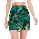 Dark Tropical Palm Leaves Pattern Print Side Slit Mini Skirt