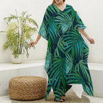 Dark Tropical Palm Leaves Pattern Print Silk V-Neck Kaftan Dress