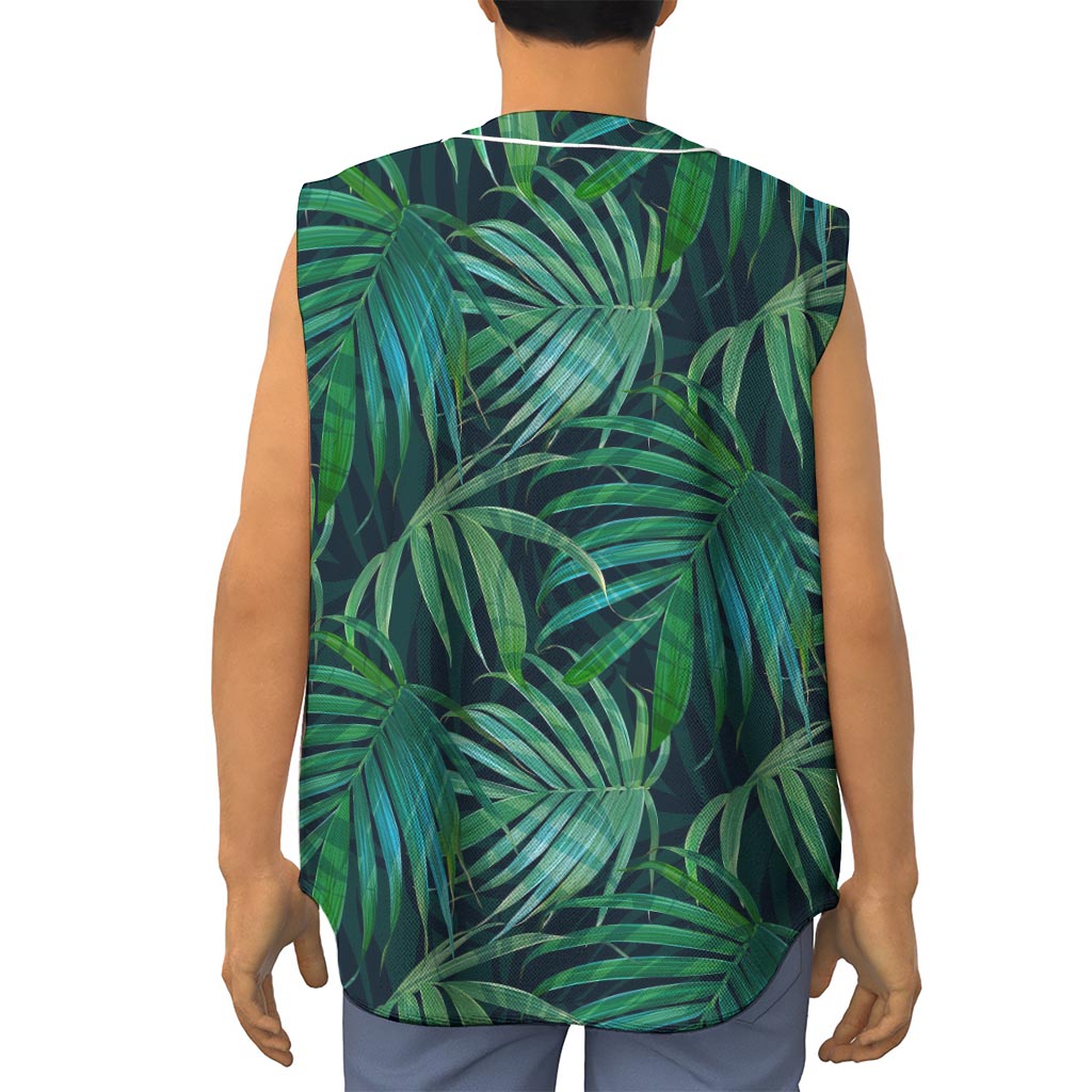 Dark Tropical Palm Leaves Pattern Print Sleeveless Baseball Jersey