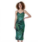 Dark Tropical Palm Leaves Pattern Print Slim Fit Midi Cami Dress