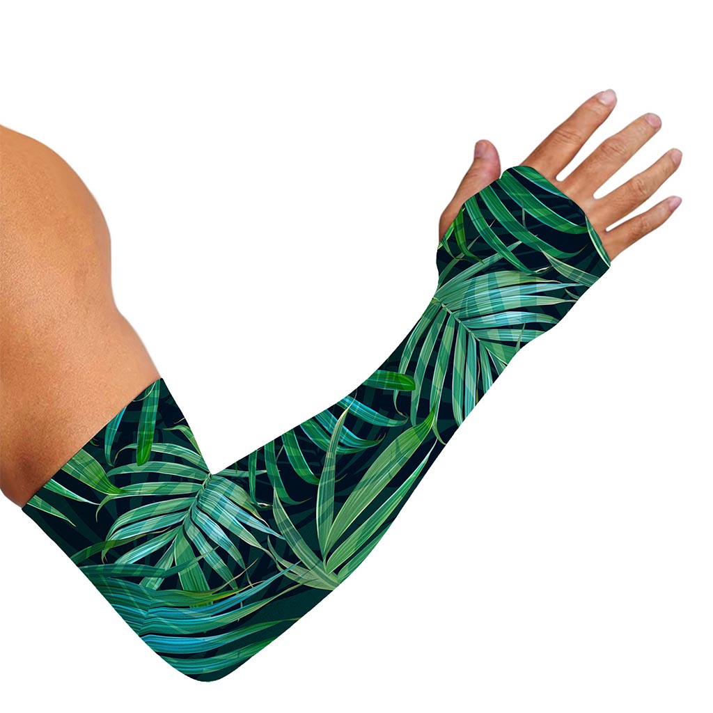 Dark Tropical Palm Leaves Pattern Print Sun Protection Arm Sleeves