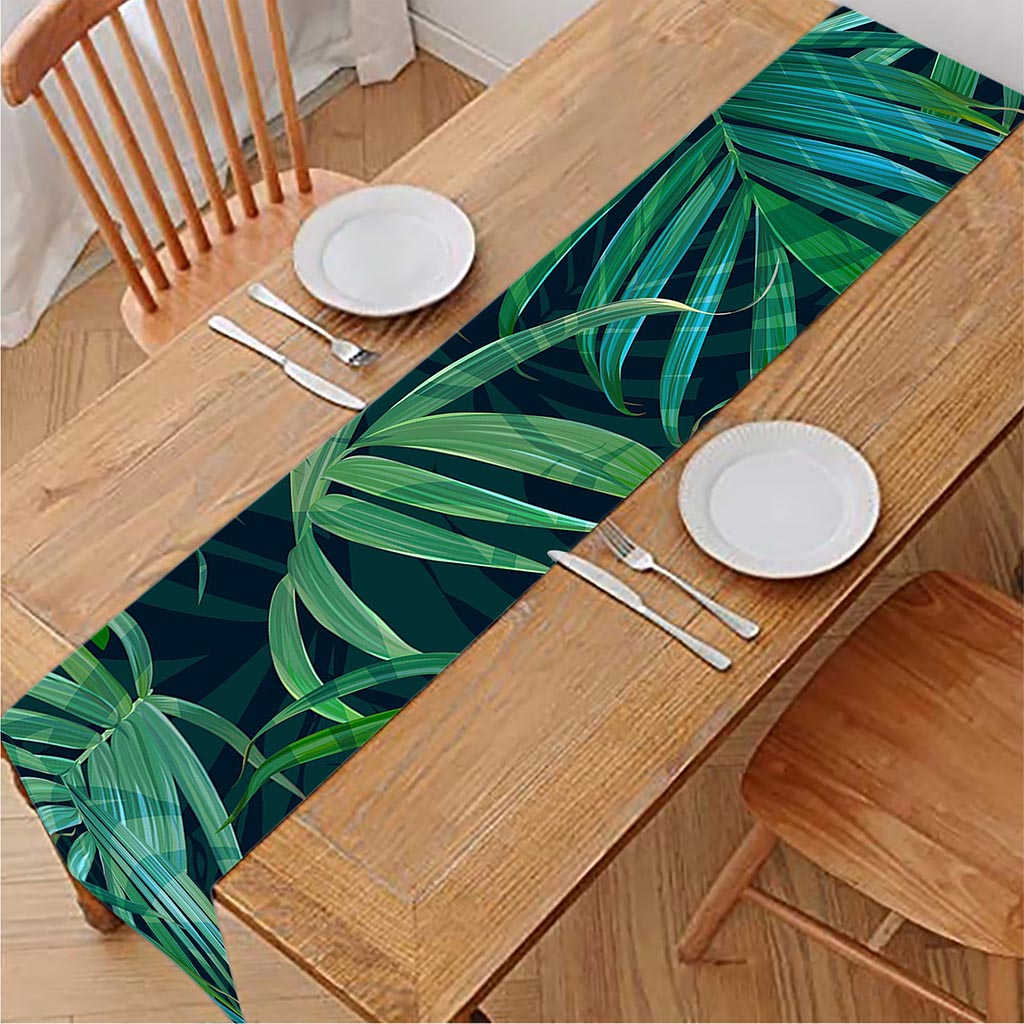 Dark Tropical Palm Leaves Pattern Print Table Runner